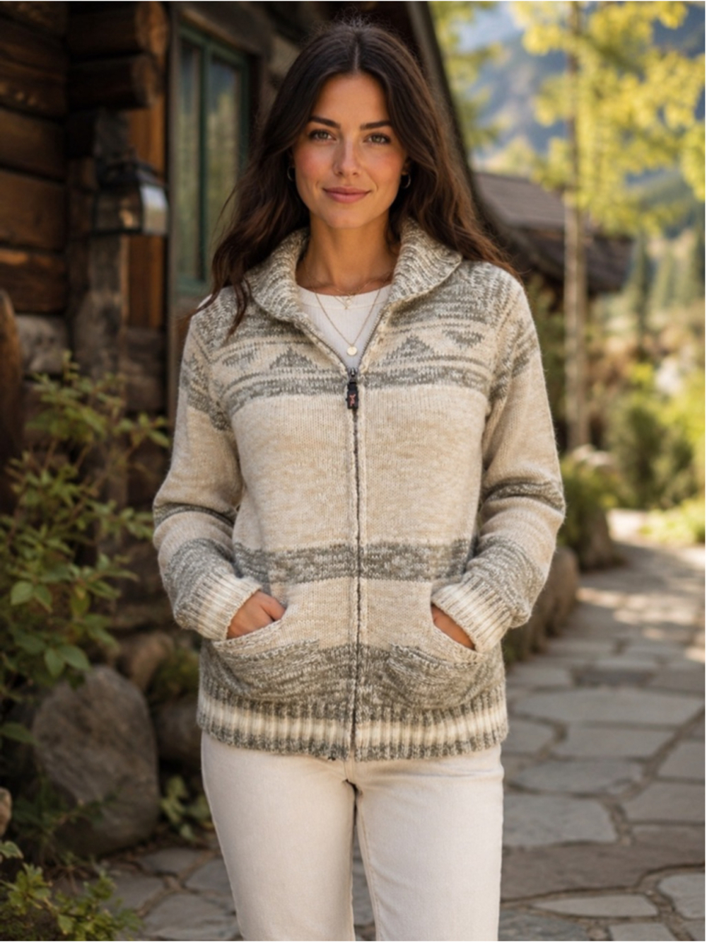 Triple Five Soul Women M Fair Isle Zip Cardigan Vintage Y2K Nordic Cream Sweater